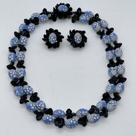 Vintage West Germany Blue & Black Easter Egg Bead Necklace Box Clasp Clip-On - Picture 12 of 16